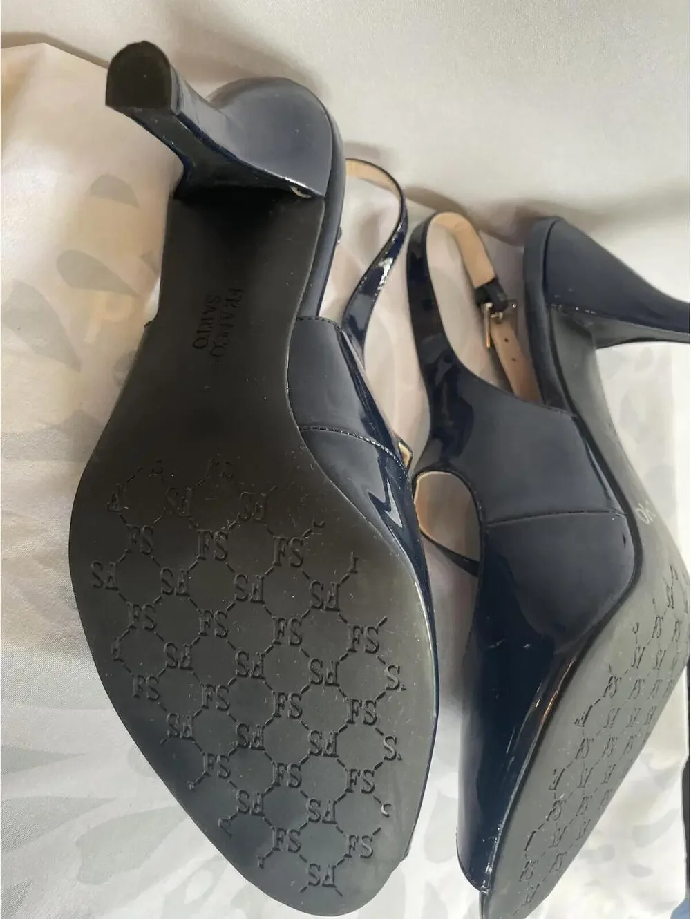 Franco Sarto Size US 8.5 Navy Patent Leather Peep Toe Stiletto Heel Dress Shoe